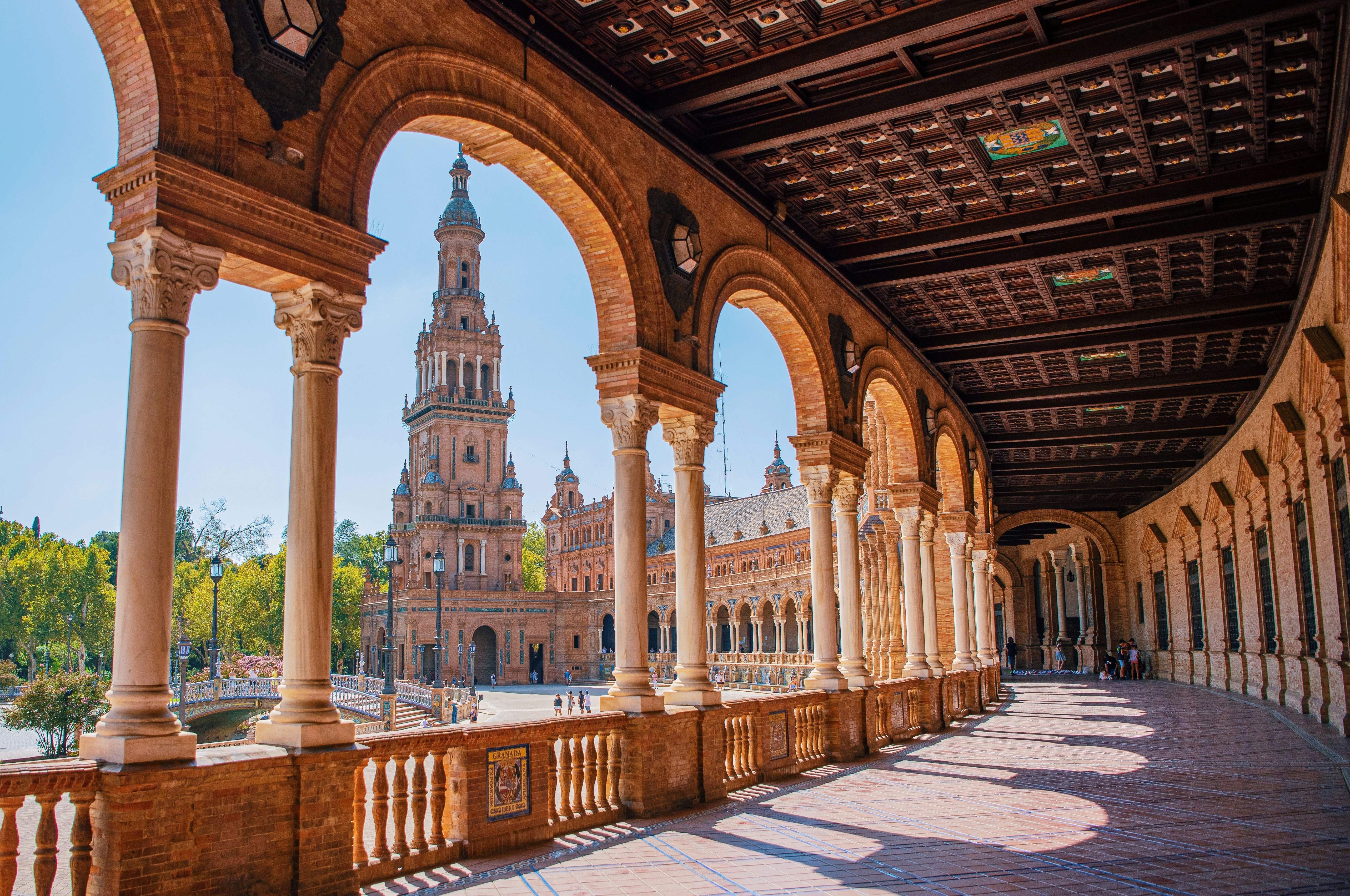 Warm Spanish arcade at Plaza de España in Seville